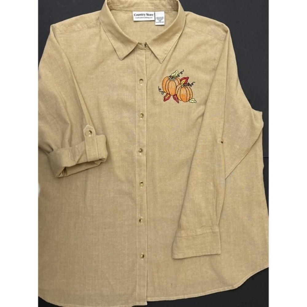 Country Store Women's Tan Button Up Shirt Embroidered Pumpkins Fall Size 2X